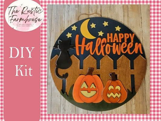 Happy Halloween with a cat on fence Door Hanger - RusticFarmhouseDecor