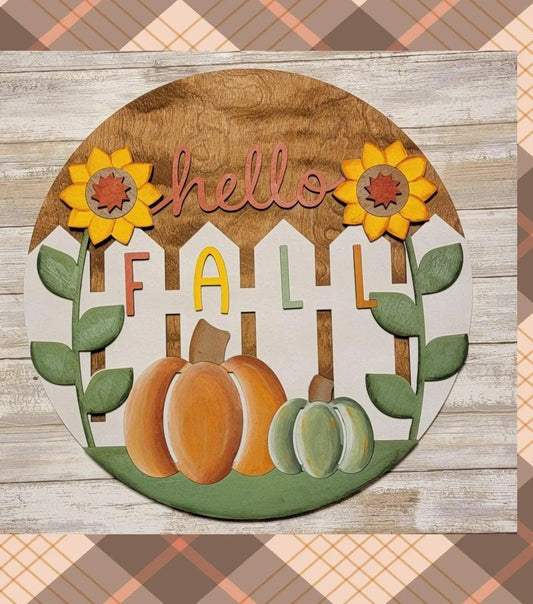 Hello Fall Fence with Pumpkins Door Hanger - RusticFarmhouseDecor