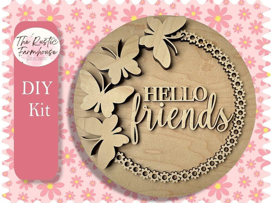 Hello Friends Door Hanger, Unfinished DIY Wood Kit, Blanks to Decorate Home Decor, Hello Friends DIY Door Hanger - RusticFarmhouseDecor