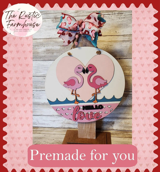 Hello Love Pink Flamingo Valentine Door Hanger - RusticFarmhouseDecor