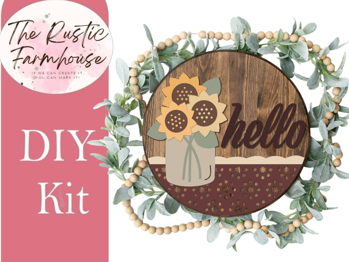 Hello Round with Sunflower in a Jar Door Hanger, DIY Wooden Blanks Kit - RusticFarmhouseDecor