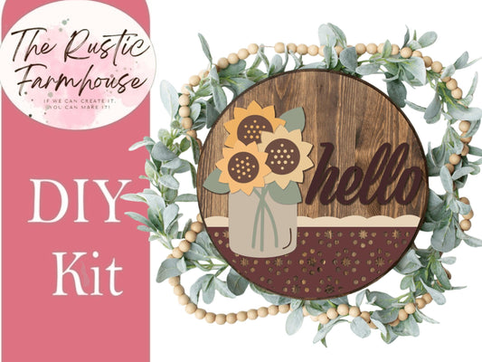 Hello Round with Sunflower in a Jar Door Hanger, DIY Wooden Blanks Kit - RusticFarmhouseDecor
