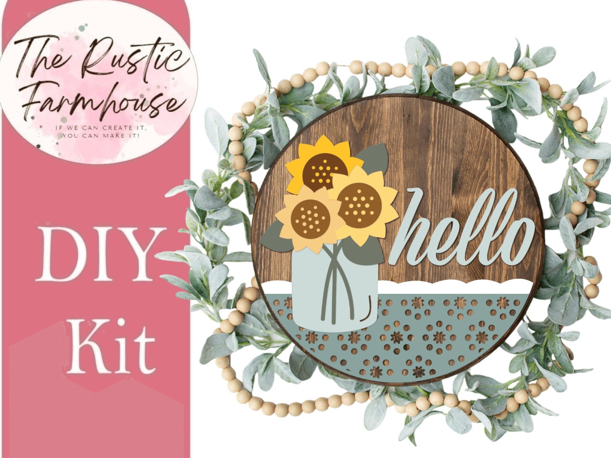 Hello Round with Sunflower in a Jar Door Hanger, DIY Wooden Blanks Kit - RusticFarmhouseDecor