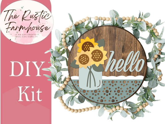 Hello Round with Sunflower in a Jar Door Hanger, DIY Wooden Blanks Kit - RusticFarmhouseDecor