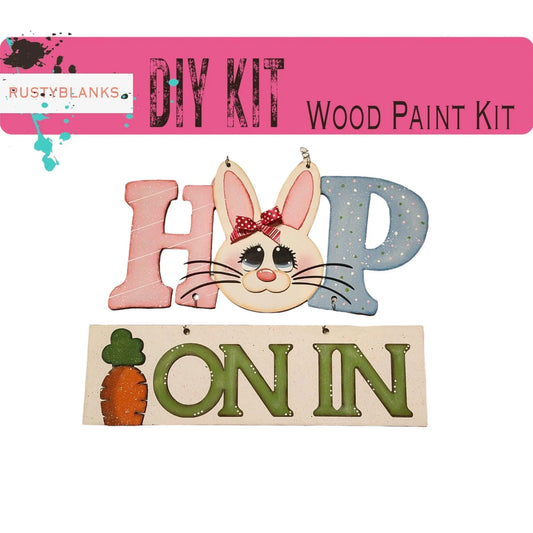Hop on In Easter Door Hanger, Unfinished DIY Wood Kit, Blanks to Decorate Home Decor, DIY Easter Bunny Door Hanger - RusticFarmhouseDecor