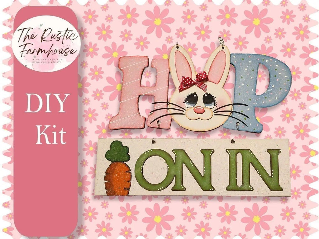 Hop on In Easter Door Hanger, Unfinished DIY Wood Kit, Blanks to Decorate Home Decor, DIY Easter Bunny Door Hanger - RusticFarmhouseDecor