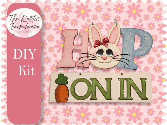 Hop on In Easter Door Hanger, Unfinished DIY Wood Kit, Blanks to Decorate Home Decor, DIY Easter Bunny Door Hanger - RusticFarmhouseDecor