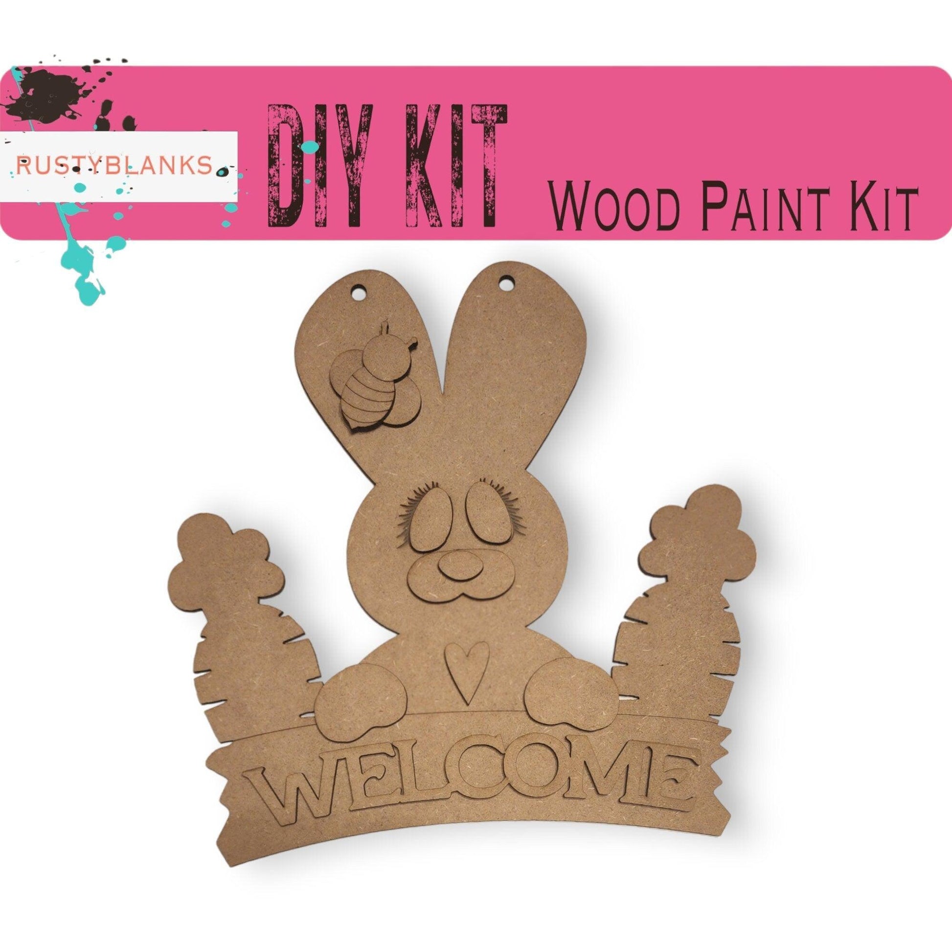 Hoppy Easter Bunny with Carrots Door Hanger, Unfinished DIY Wood Kit, Blanks to Decorate Home Decor, Easter DIY Door Hanger - RusticFarmhouseDecor