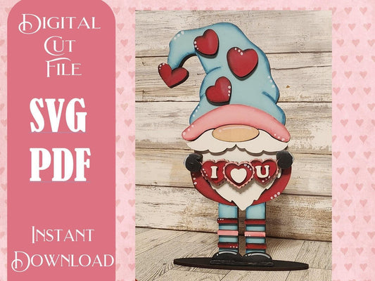I Love U Valenting Standing Gnome SVG, Glowforge laser cut file - RusticFarmhouseDecor