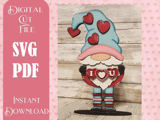 I Love U Valenting Standing Gnome SVG, Glowforge laser cut file - RusticFarmhouseDecor