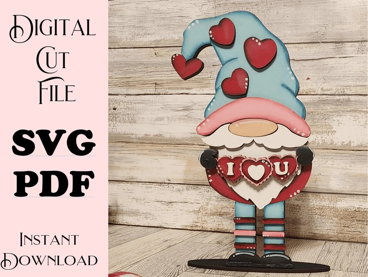 I Love U Valenting Standing Gnome SVG, Glowforge laser cut file - RusticFarmhouseDecor