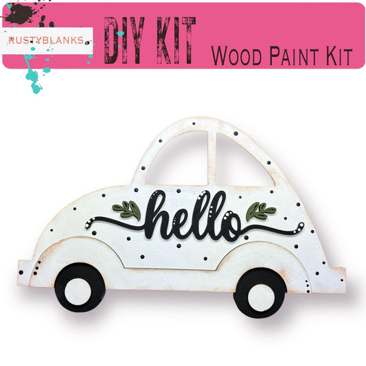 Interchangeable Car Base Kit with interchangeable Hello Add On, Wood Blanks DIY Paint Kit - RusticFarmhouseDecor