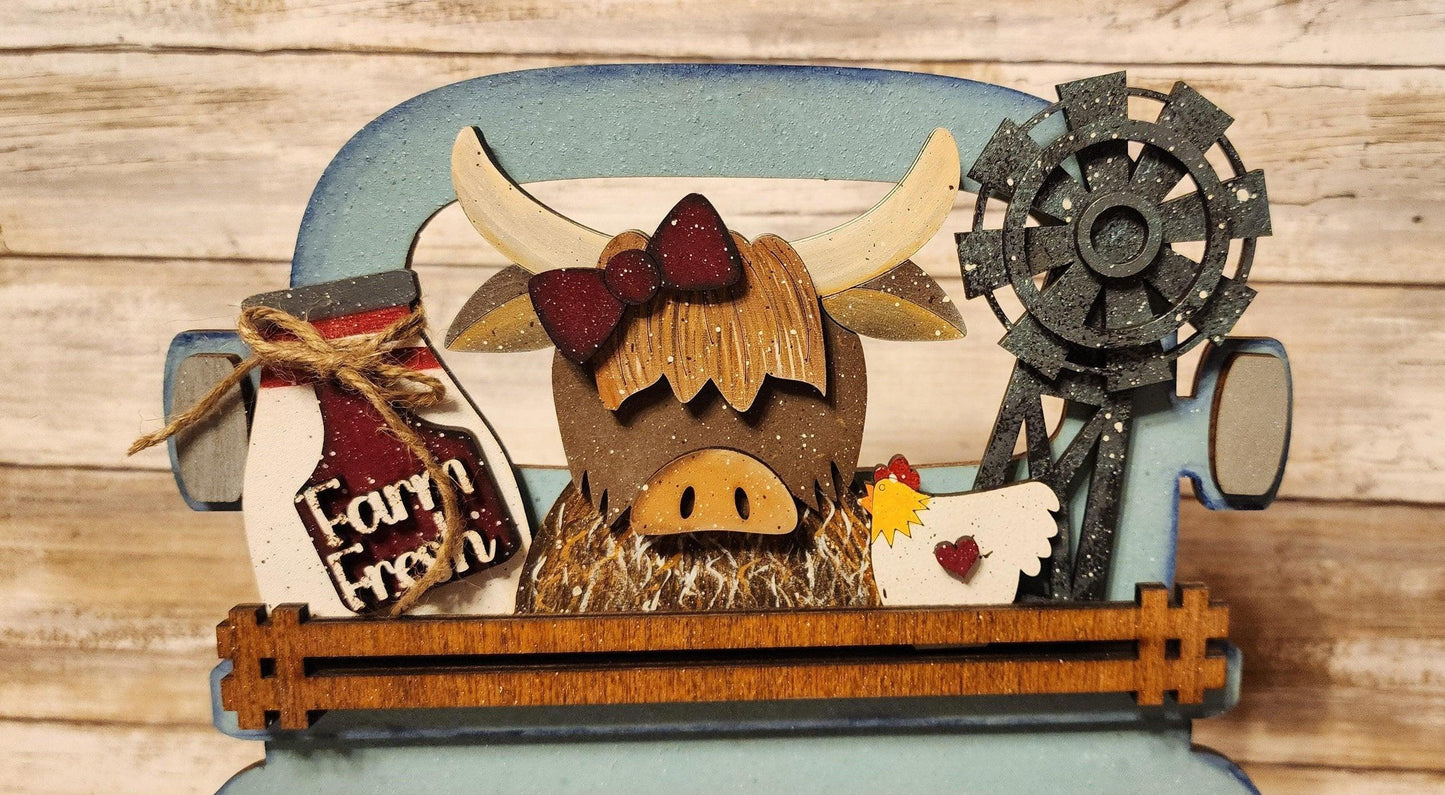 Interchangeable Farmhouse Highland Cow Insert, Seasonal Truck, DIY Truck Kit, Interchangeable Farmhouse Truck DIY Kit, Breadboard Insert - RusticFarmhouseDecor