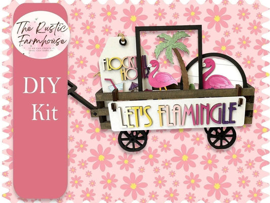 Let's Flamingle insert for Wagon or Raised Shelf Sitter, Unfinished DIY Wood Kit, Blanks to Decorate Home Decor, Flamingo DIY Wagon - RusticFarmhouseDecor