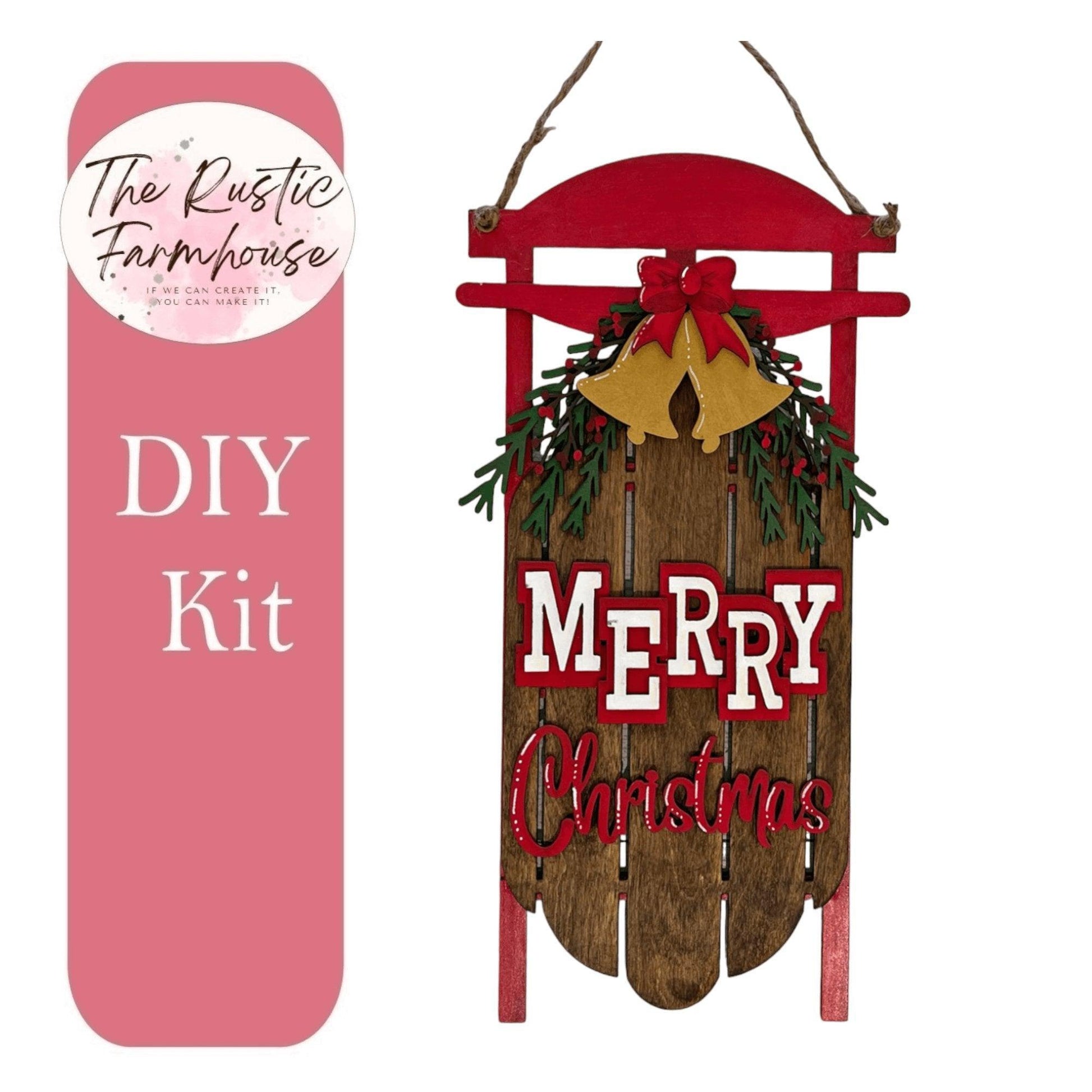 Merry Christmas Sled Door Hanger, Farmhouse Sled, Unfinished DIY Wood Kit - RusticFarmhouseDecor