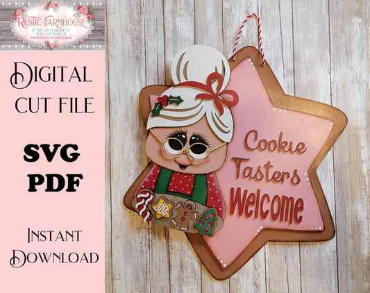 Mrs Claus Cookie Tasters Welcome Christmas Front Door Hanger SVG Cut File - RusticFarmhouseDecor