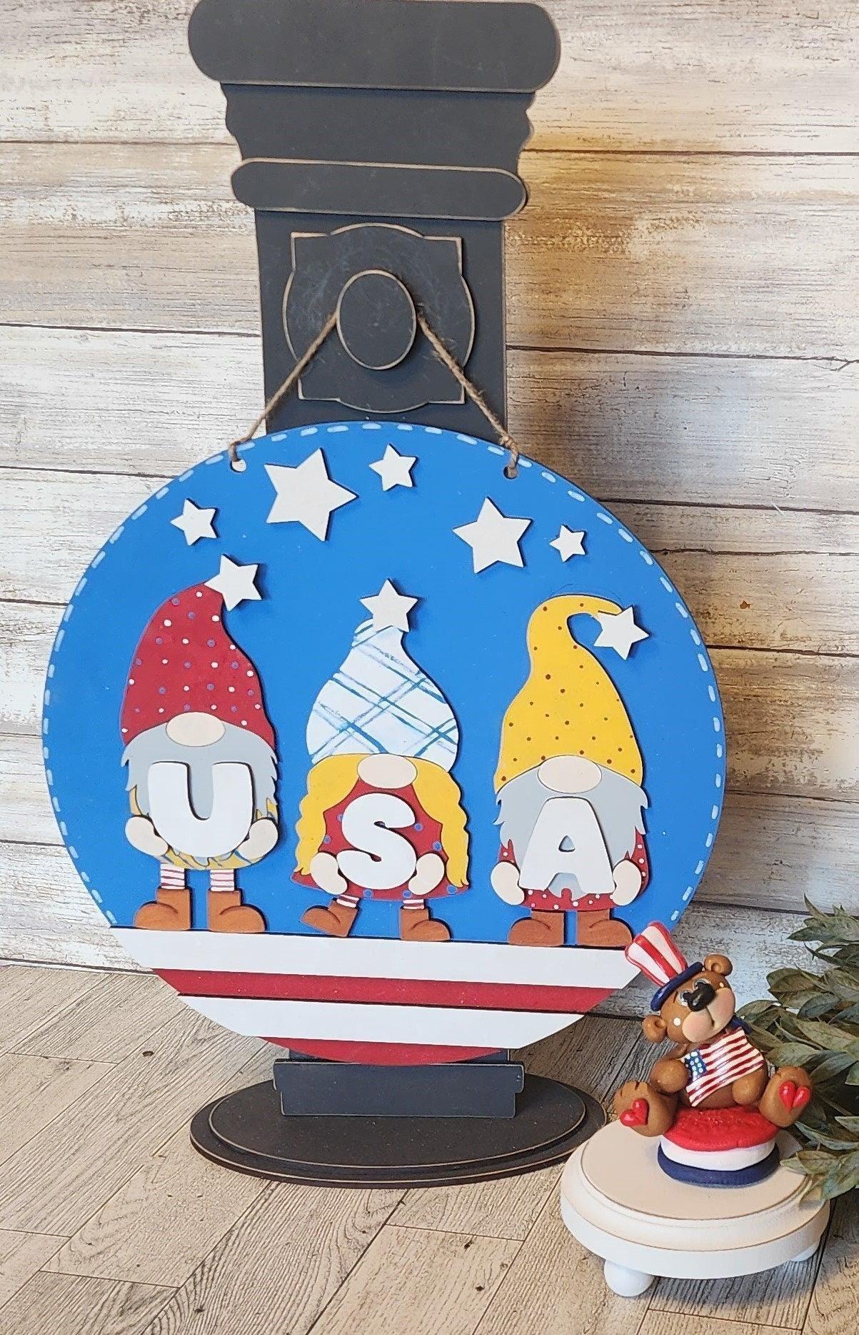 Patriotic USA Gnomes Door Hanger Indenpendence Day Sign - RusticFarmhouseDecor