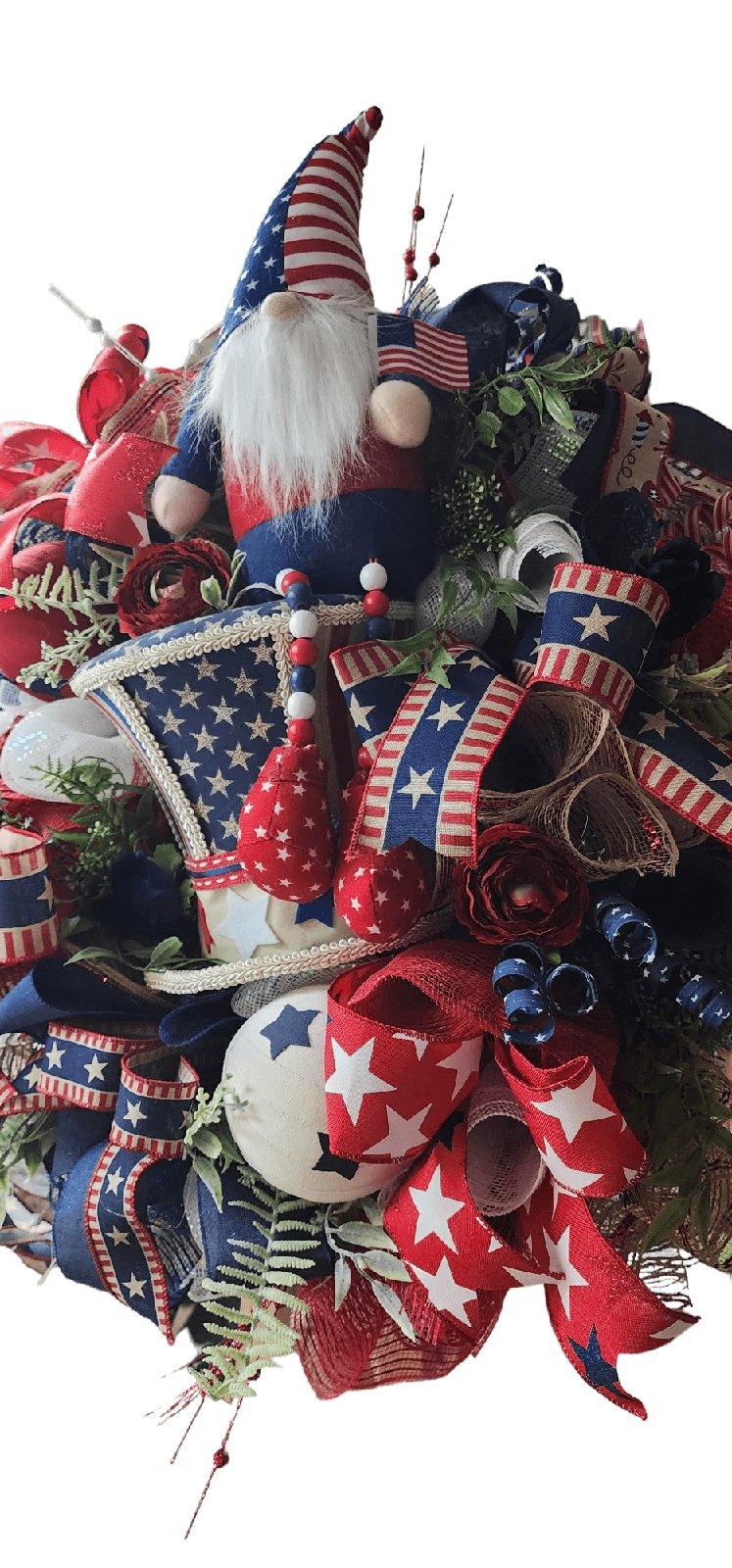 Patriotic Wreath with Uncle Sam Hat and USA Gnome for 4th of July Decor - RusticFarmhouseDecor