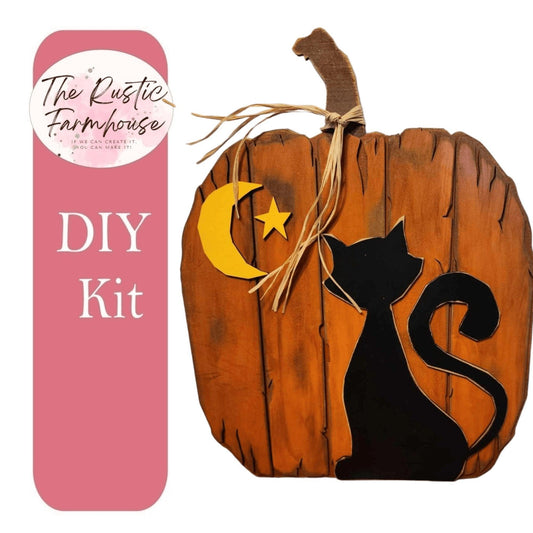 Rustic Pumpkin with Black Cat Chunky Shelf Sitter, Fall Mantle Decor, Fall Pumpkin Home Decor - RusticFarmhouseDecor