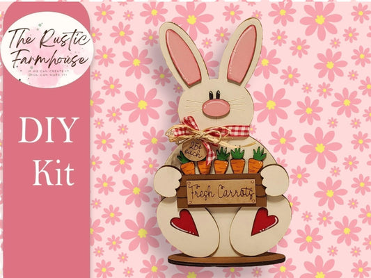 Standing Easter Bunny Shelf Sitter, Carrot Patch Bunny Shelf Sitter, Unfinished DIY Wood Kit, Blanks to Decorate Home Decor - RusticFarmhouseDecor