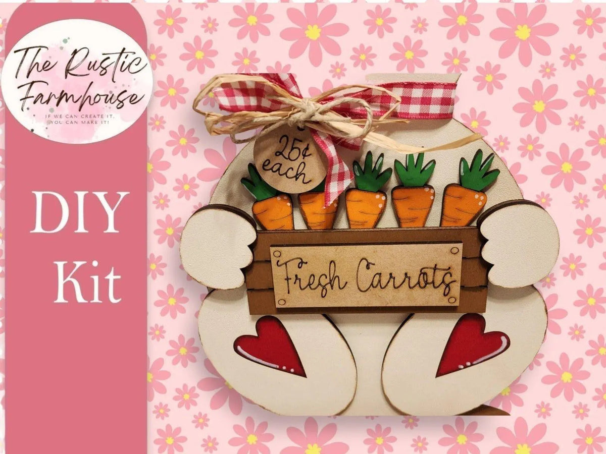 Standing Easter Bunny Shelf Sitter, Carrot Patch Bunny Shelf Sitter, Unfinished DIY Wood Kit, Blanks to Decorate Home Decor - RusticFarmhouseDecor