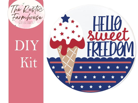 Summer Patriotic Door Hanger Hello Sweet Freedom, Unfinished DIY Wood Kit, Blanks to Decorate Home Decor, DIY Door Hanger - RusticFarmhouseDecor