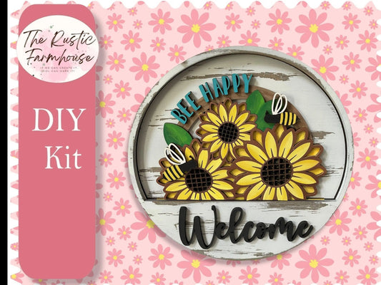 Sunflower and Bees insert for Welcome sign, DIY Door decor, 11 inch Door hanger, DIY Interchangeable door hanger insert , Bee Happy inserte door hanger insert, Welcome Door Hanger - RusticFarmhouseDecor