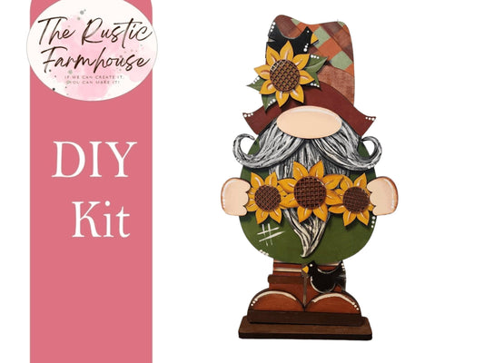 Sunflower Gnome Shelf Sitter, DIY Gnome kit, Tiered Tray Decor - RusticFarmhouseDecor