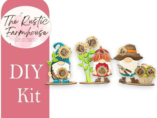 Sunflower Gnomes Shelf Sitter, DIY Gnome kit, Tiered Tray Decor - RusticFarmhouseDecor