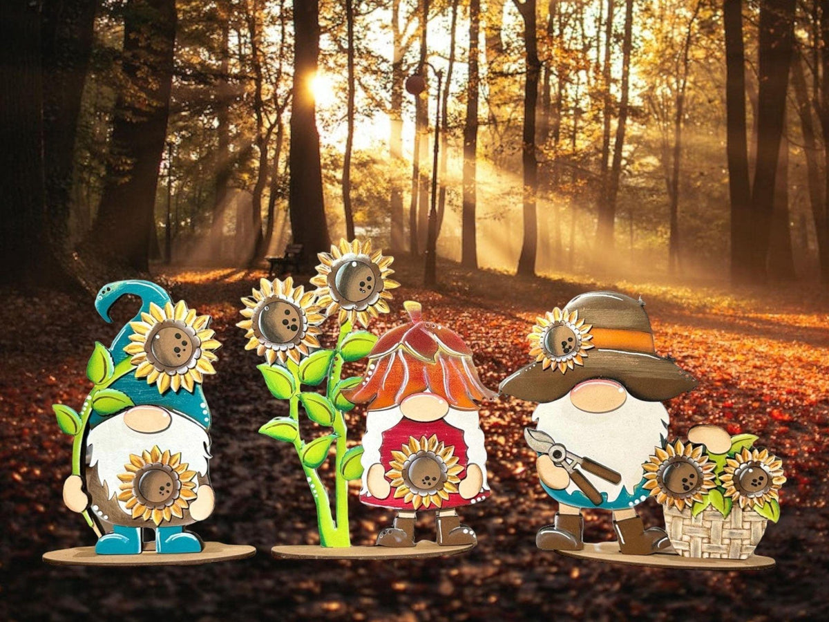 Sunflower Gnomes Shelf Sitter, DIY Gnome kit, Tiered Tray Decor - RusticFarmhouseDecor