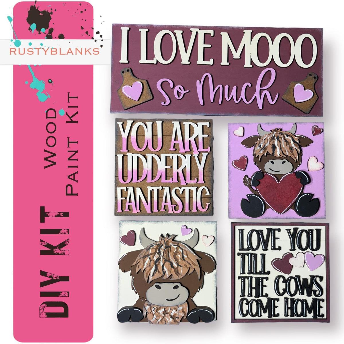 Valentine's Interchangeable Highland Love You Mooo Tiles for leaning ladders or Shelf Sitters - RusticFarmhouseDecor