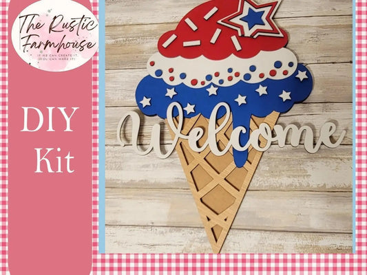 Welcome 4th of July Ice Cream Cone Door Hanger - RusticFarmhouseDecor