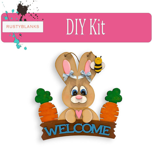 Welcome Bunny with Carrots Door Hanger, Unfinished DIY Wood Kit, Blanks to Decorate Home Decor, Easter DIY Door Hanger - RusticFarmhouseDecor