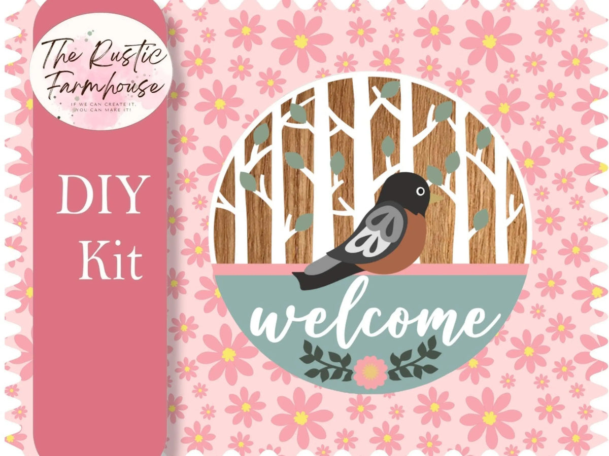Welcome Robin Door Hanger, Unfinished DIY Wood Kit, Blanks to Decorate Home Decor, Welcome Robin DIY Door Hanger - RusticFarmhouseDecor