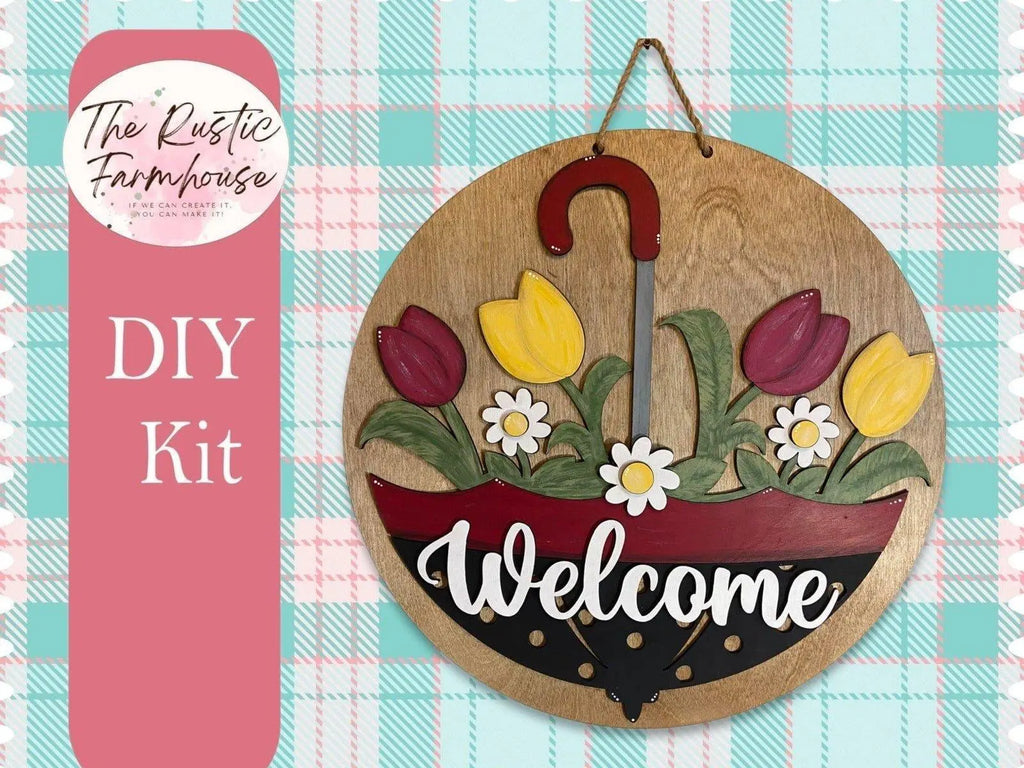 Welcome Spring Umbrella Door Hanger, Unfinished DIY Wood Kit, Blanks to Decorate Home Decor, Welcome Spring DIY Door Hanger - RusticFarmhouseDecor
