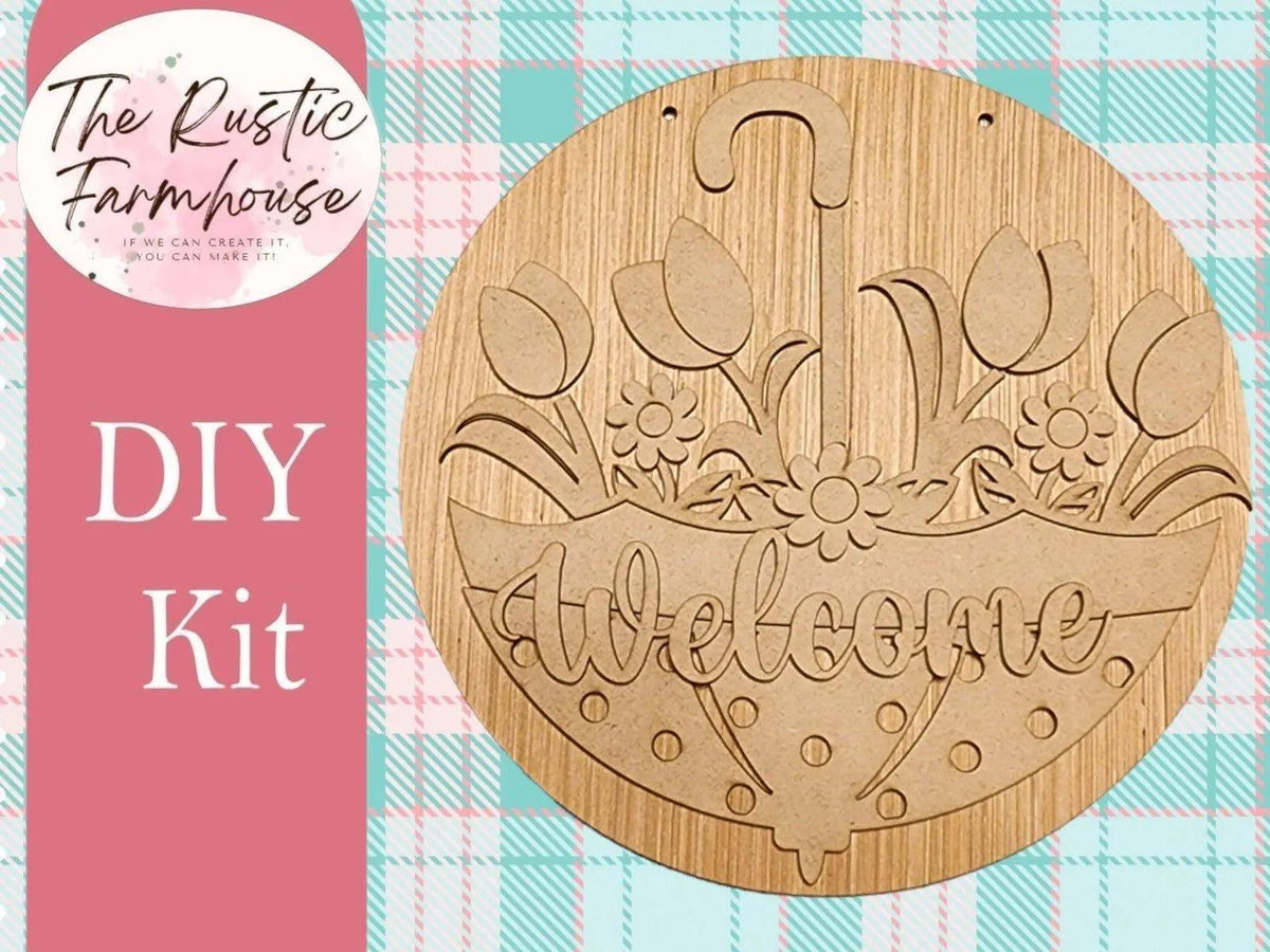 Welcome Spring Umbrella Door Hanger, Unfinished DIY Wood Kit, Blanks to Decorate Home Decor, Welcome Spring DIY Door Hanger - RusticFarmhouseDecor