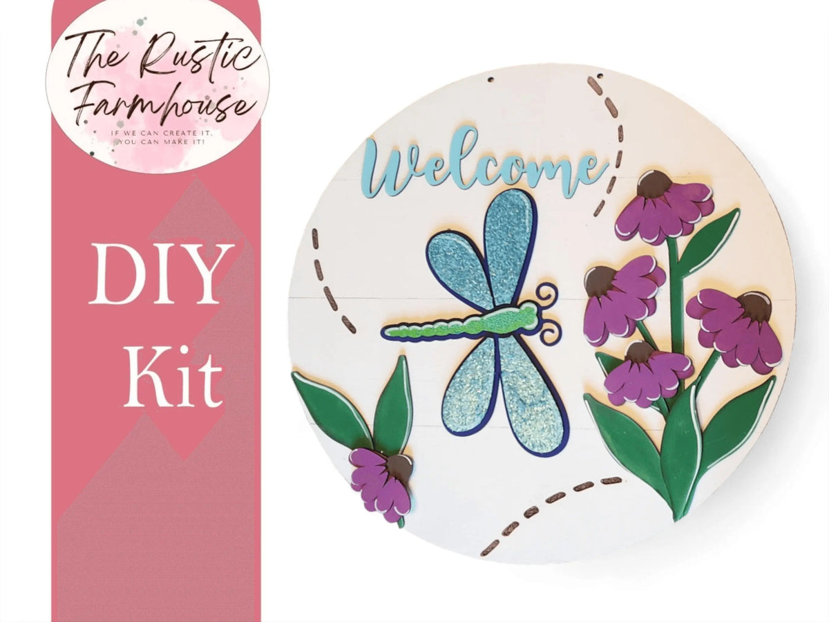Welcome Summer Dragonfly Door Hanger DIY Craft Kit Cone flowers - RusticFarmhouseDecor