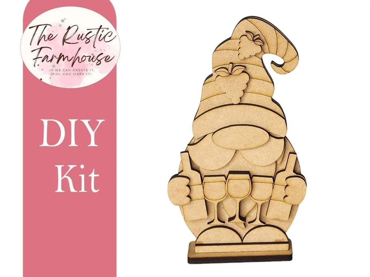 Wine Drinking Gnome Shelf Sitter, DIY Gnome kit, Tiered Tray Decor - RusticFarmhouseDecor